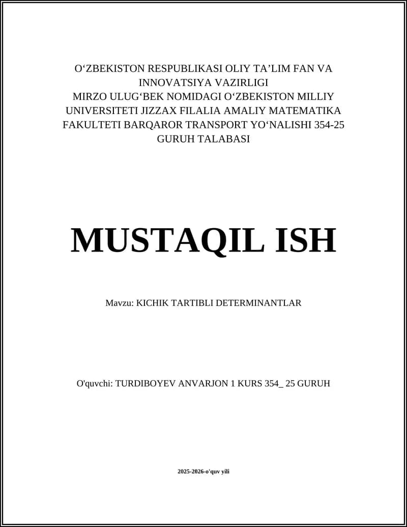 KICHIK TARTIBLI DETERMINANTLAR