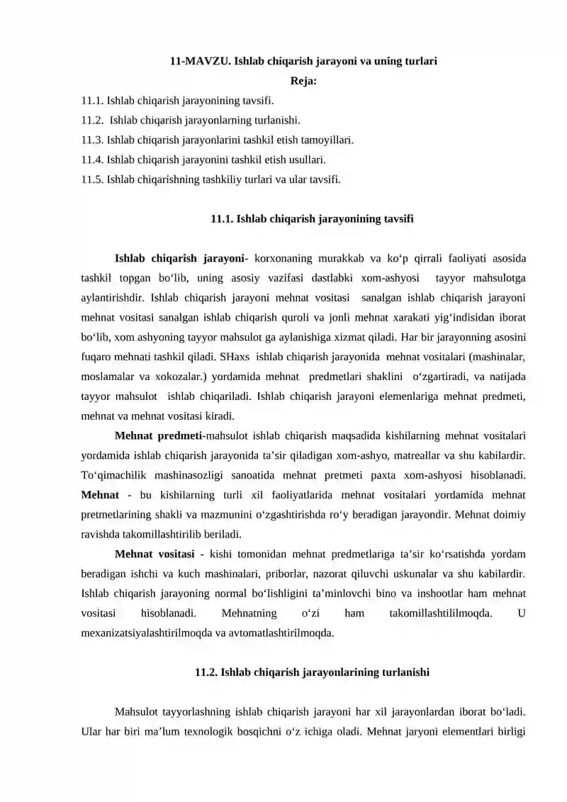 Ishlab chiqarish jarayoni va uning turlari
