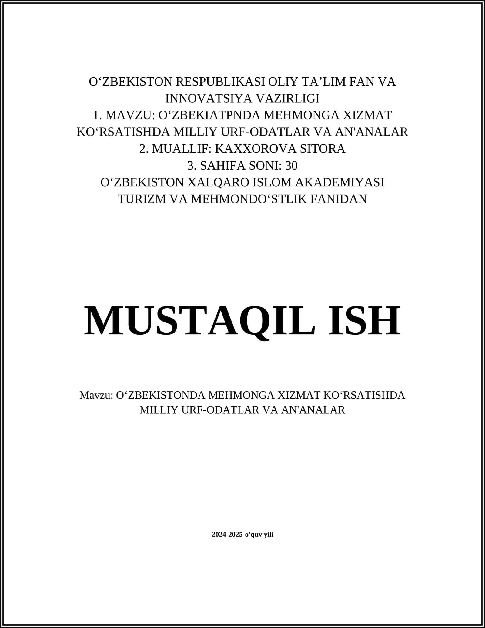 OʻZBEKISTONDA MEHMONGA XIZMAT KOʻRSATISHDA MILLIY URF-ODATLAR VA AN'ANALAR