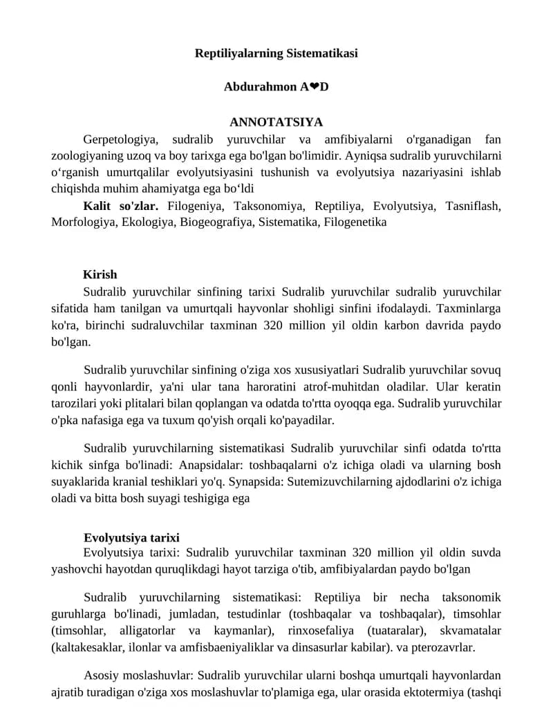 Reptiliyalarning Sistematikasi