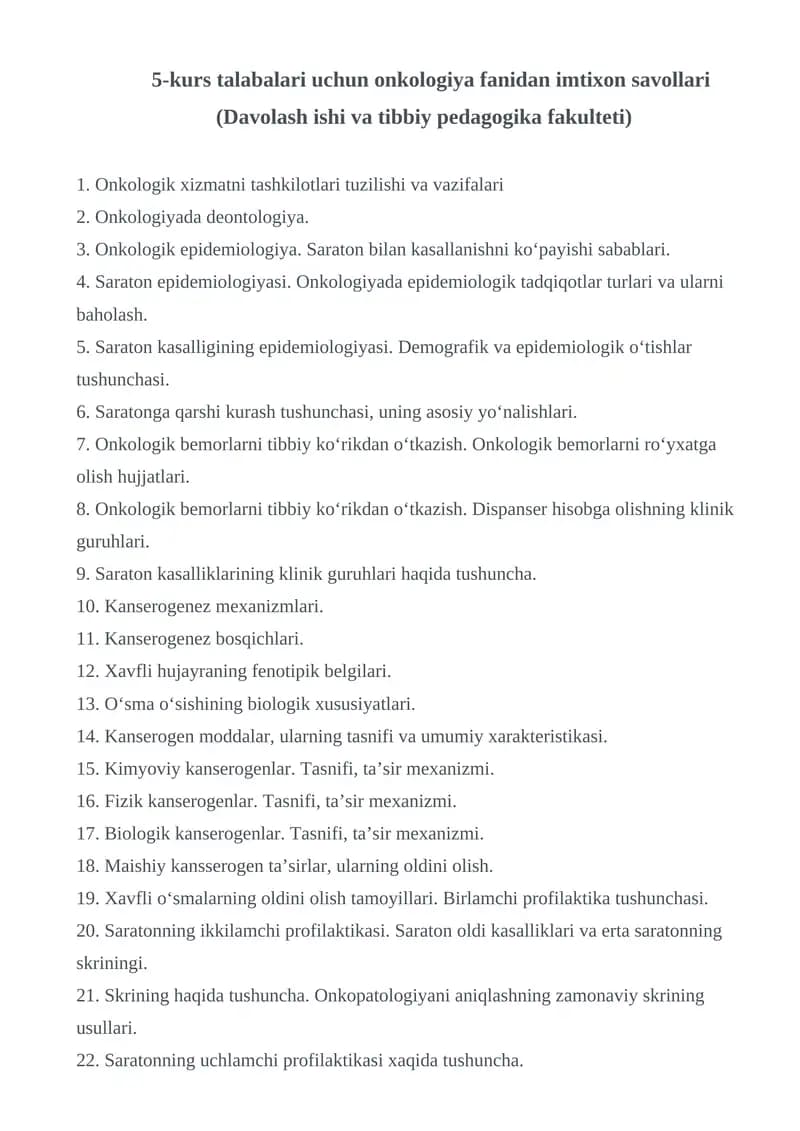 Onkologiya fanidan imtixon savollari