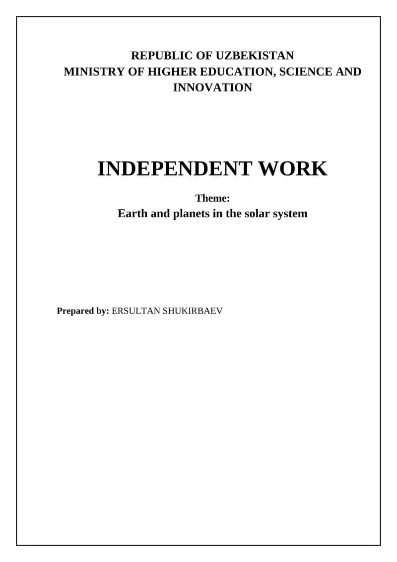 Independent Work: Earth and planets in the solar system