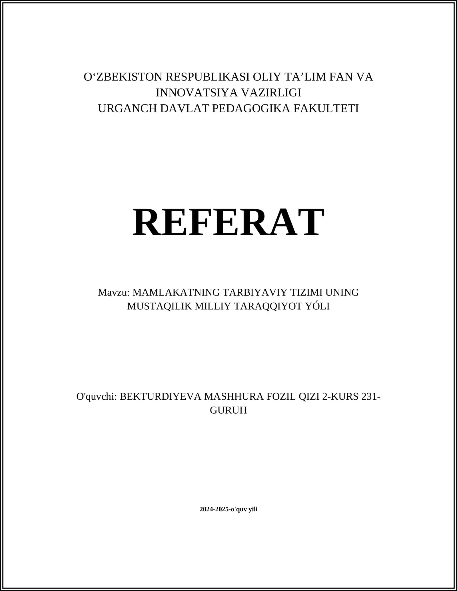 MUSTAQIL DAVLATNING TARBIYAVIY TIZIMI