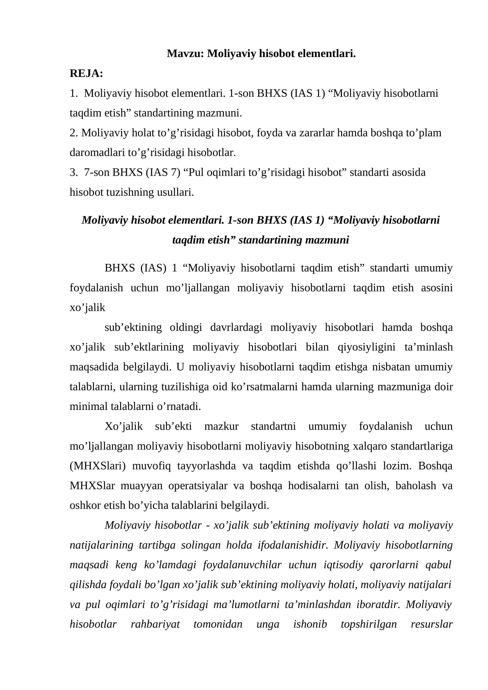 Moliyaviy hisobot elementlari