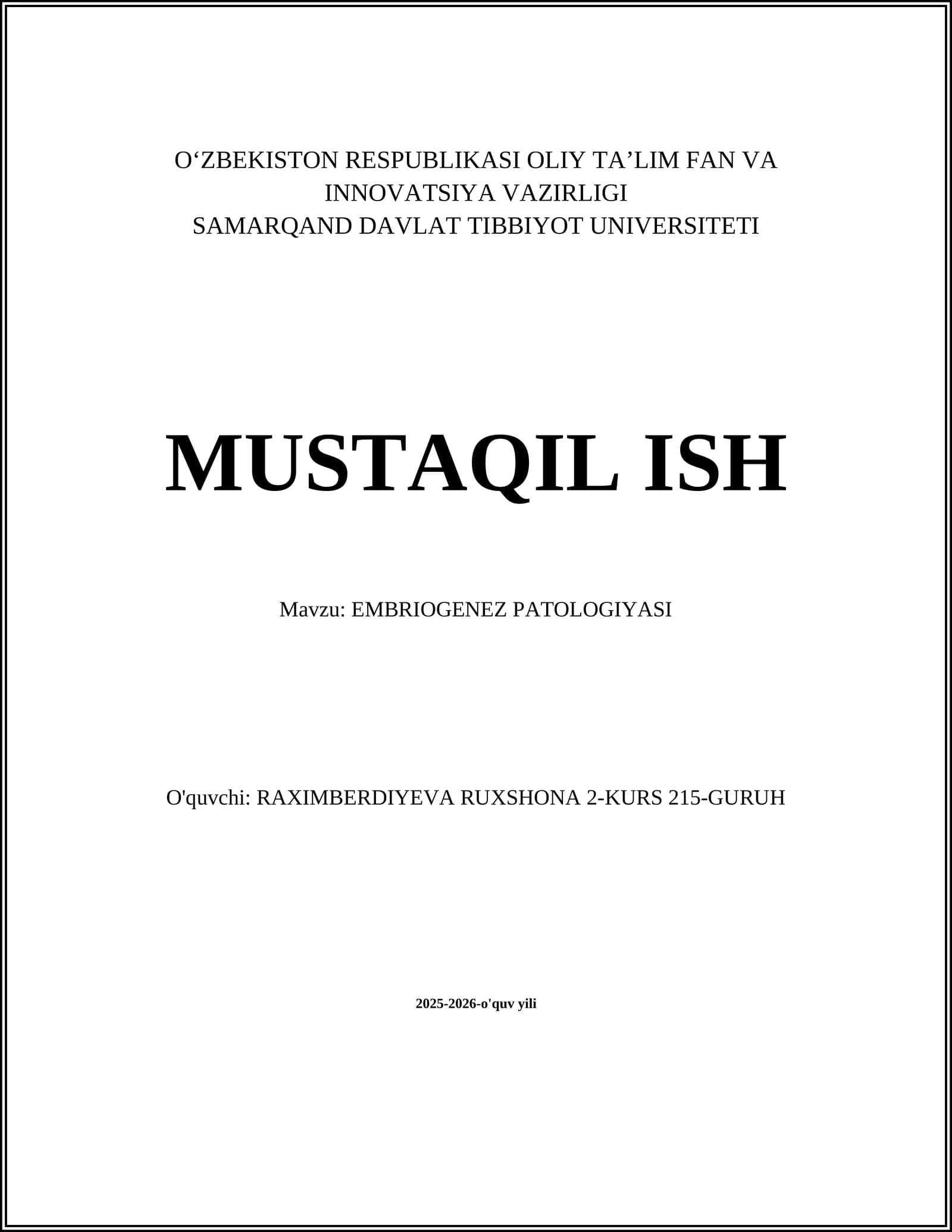 EMBRIOGENEZ PATOLOGIYASI