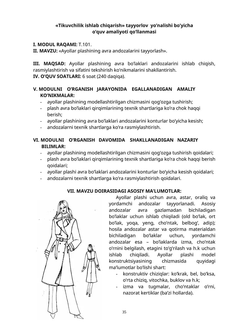 Ayollar plashining avra andozalarini tayyorlash