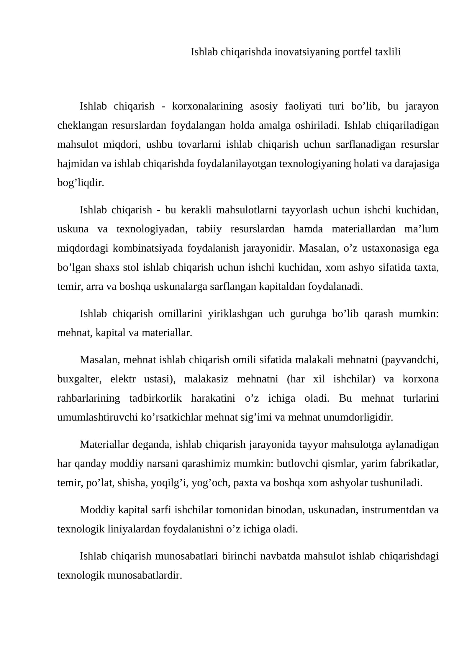 Ishlab chiqarishda innovatsiyaning portfel tahlili