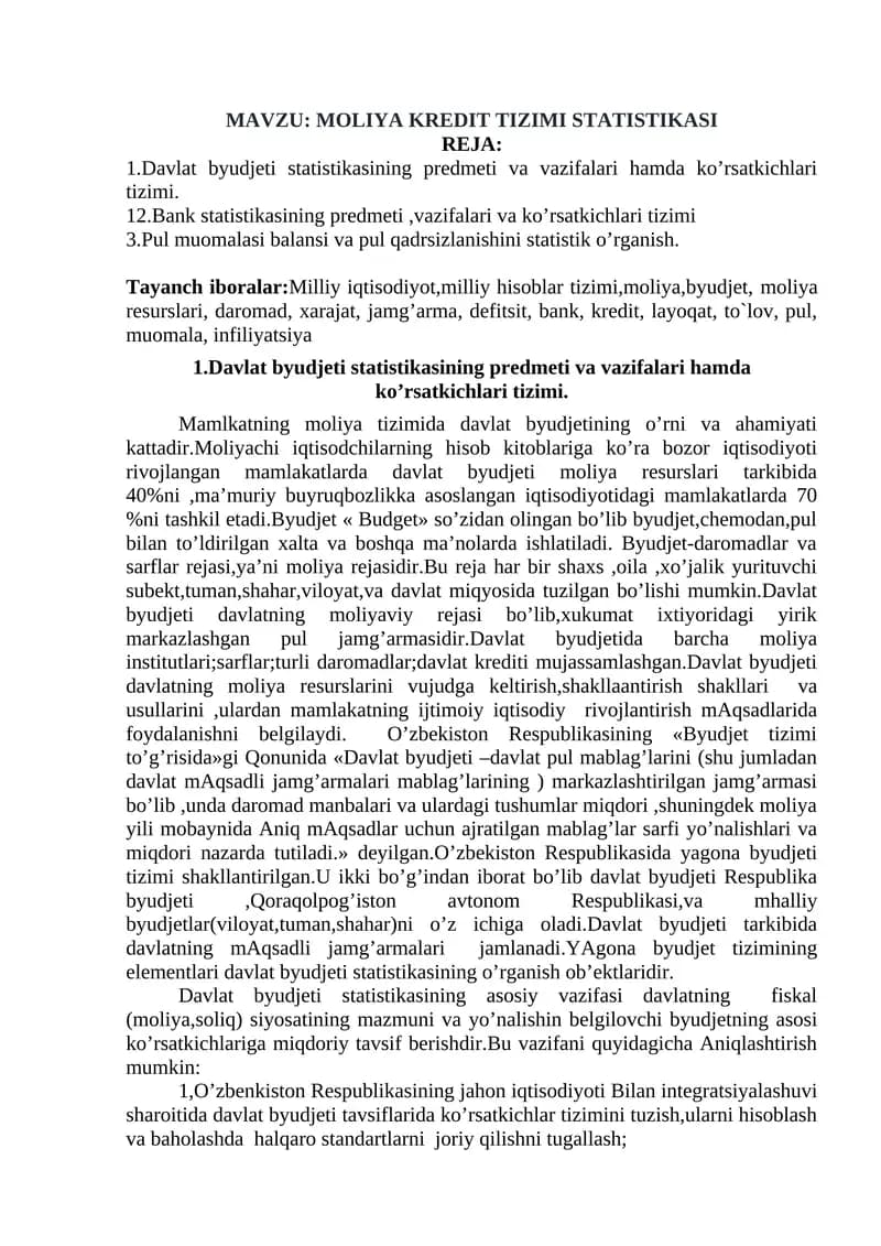 MOLIYA KREDIT TIZIMI STATISTIKASI