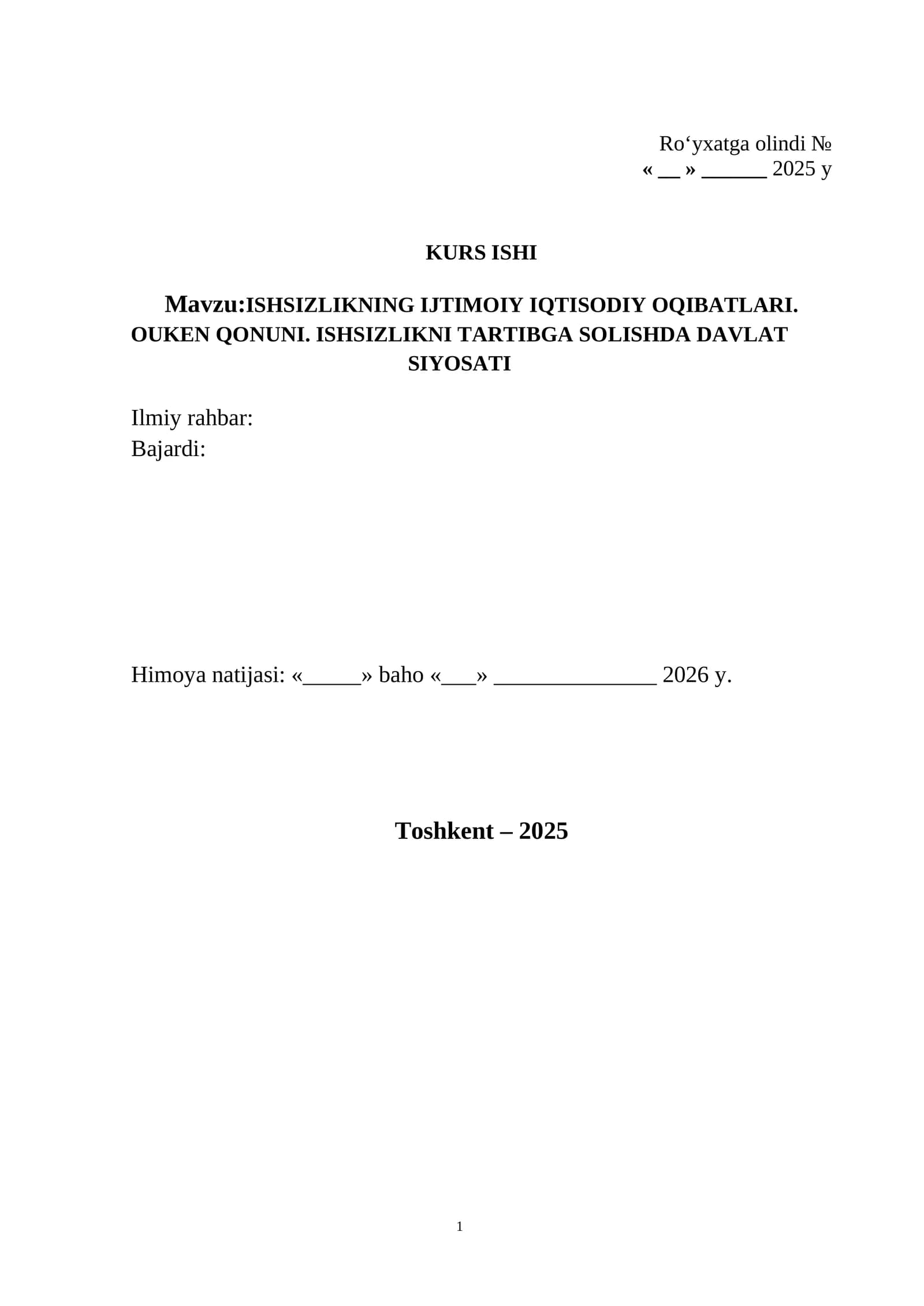 ISHSIZLIK BOYICHA KURS ISHI HAMDA REFERAT UCHUN