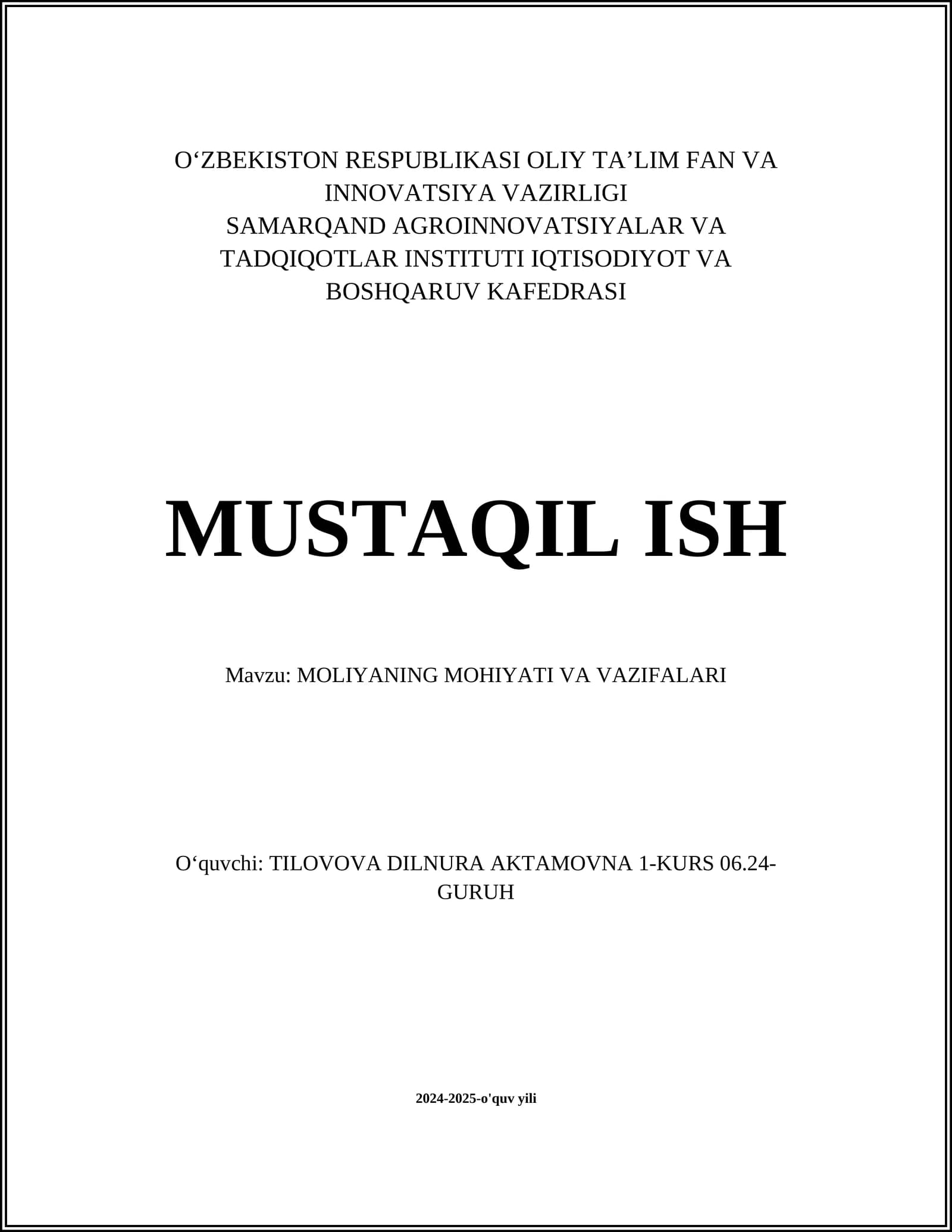 Moliyaning mohiyati va vazifalari