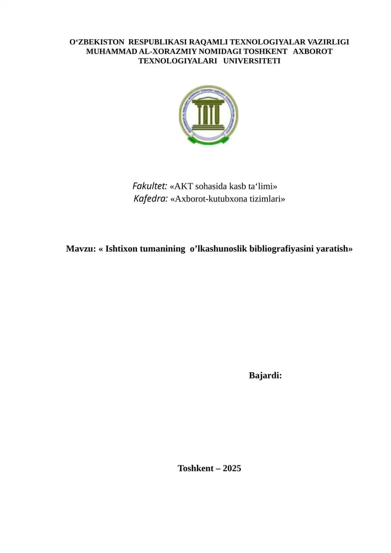 Ishtixon tumanining  o’lkashunoslik bibliografiyasini yaratish