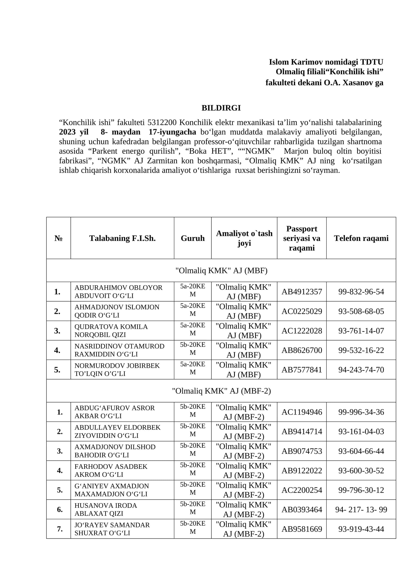 Konchilik elektr mexanikasi ta’lim yо‘nalishi