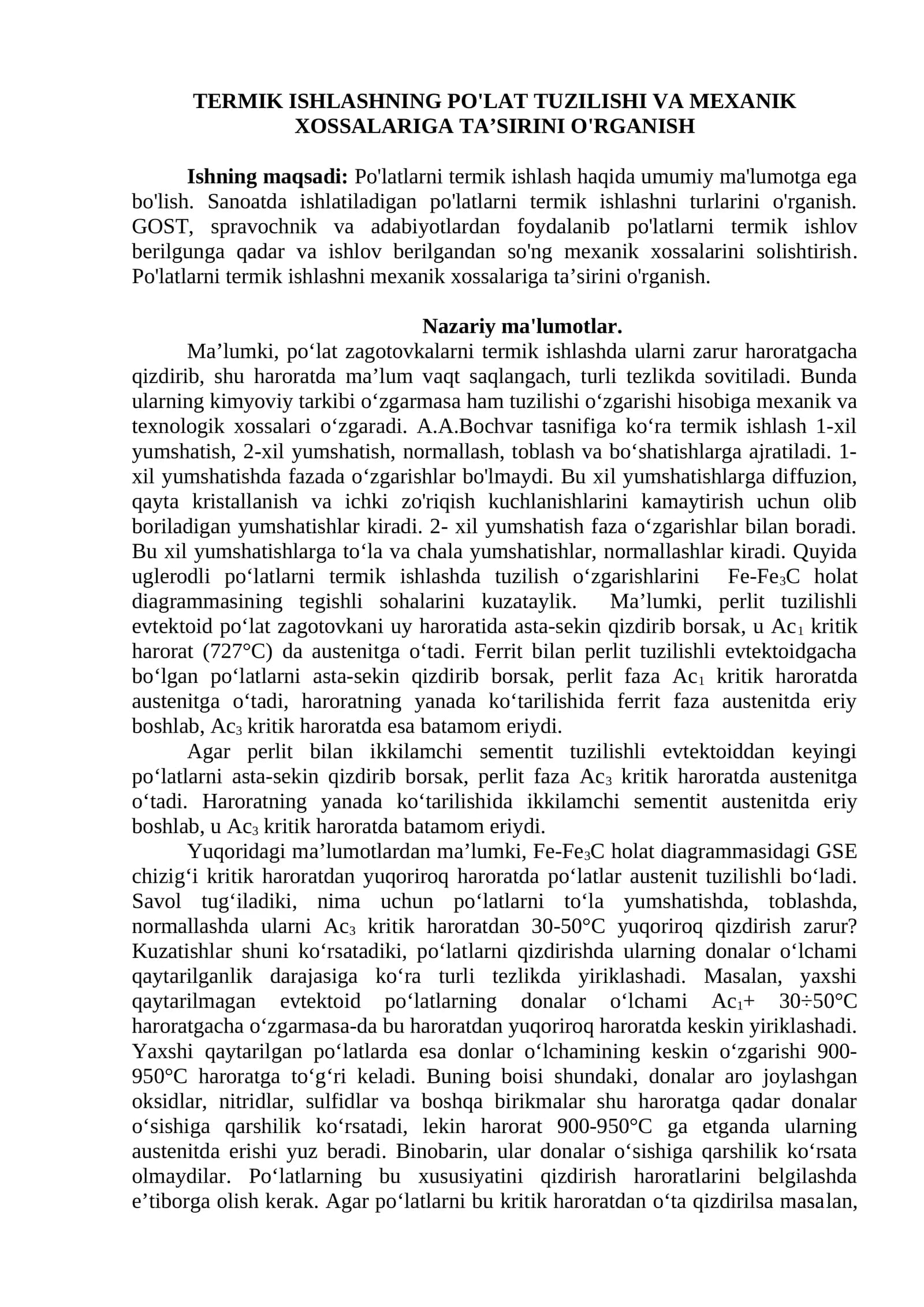 Po'latlarni Termik Ishlashning Mexanik Xossalari