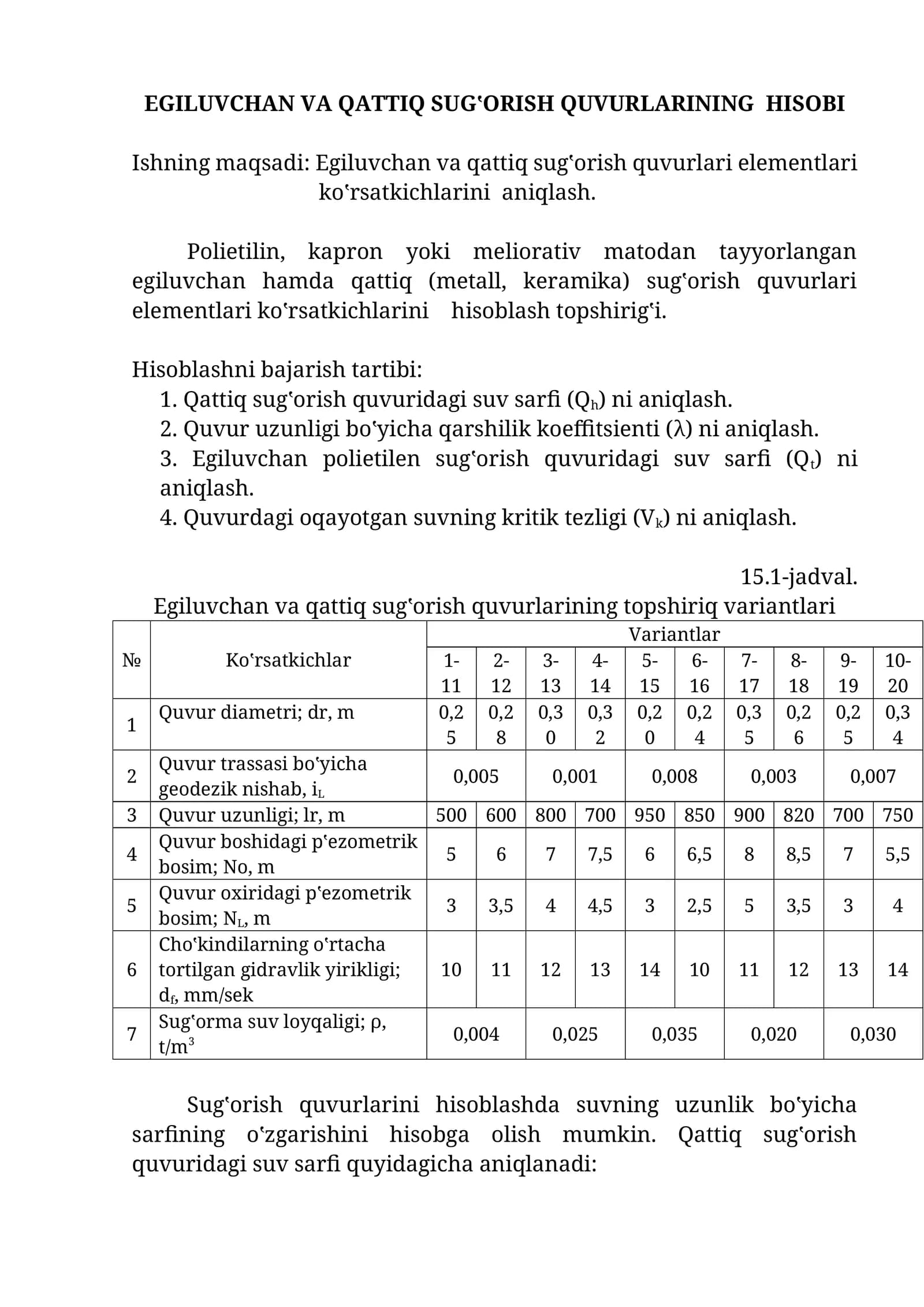 Egiluvchаn VА QАTTIQ SUGʽОRISH QUVURLАRINING HISОBI