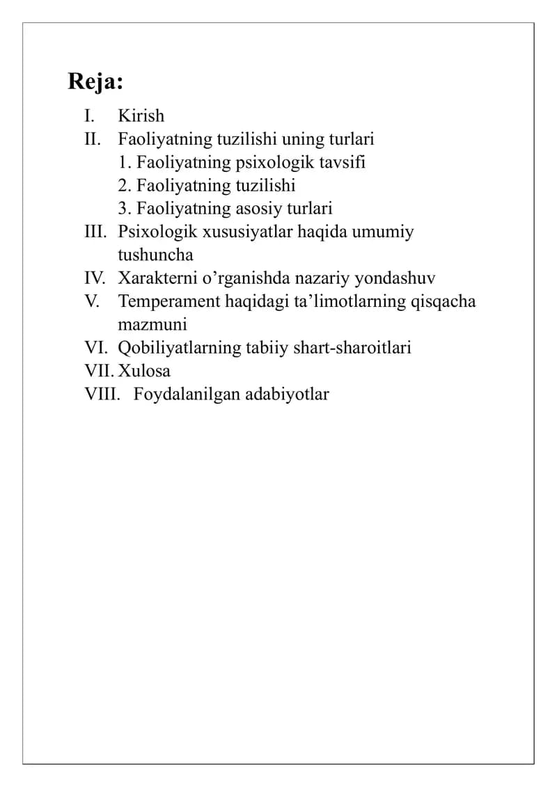 Faoliyat tuzilishi psixologik xususiyatlar
