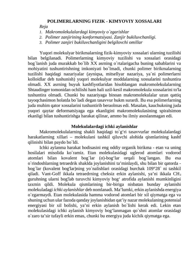 POLIMERLARNING FIZIK - KIMYOVIY XOSSALARI