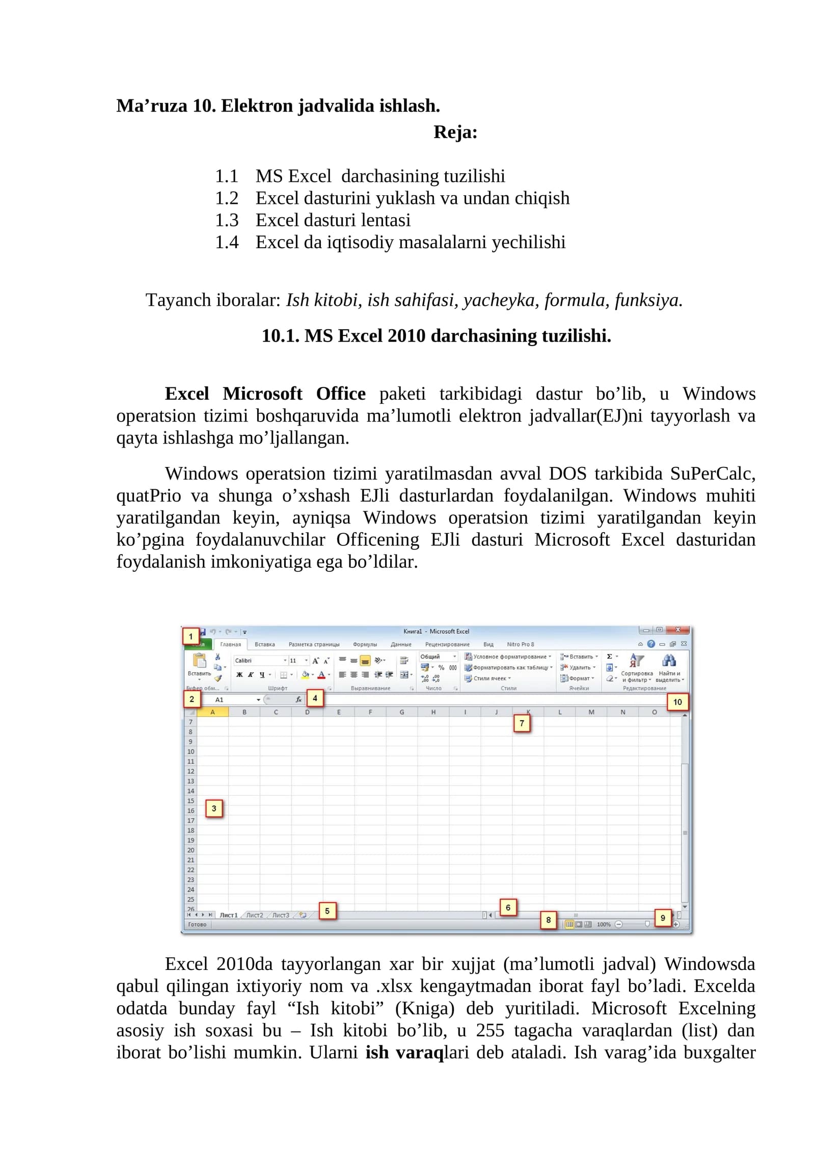 MS Excel 2010 darchasining tuzilishi