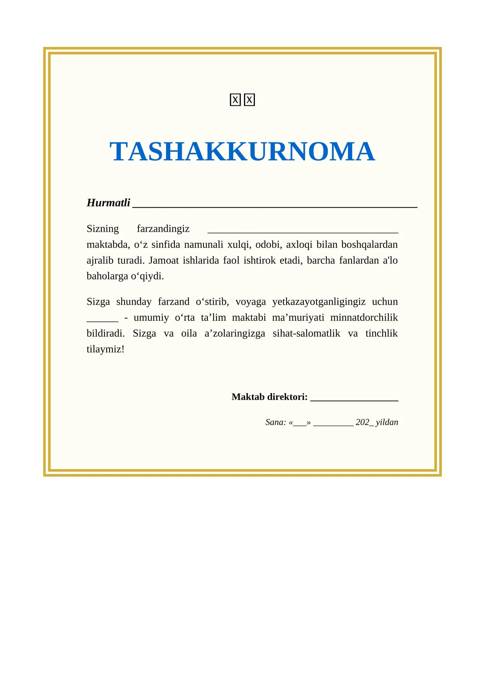 TASHAKKURNOMA ota onalar uchun