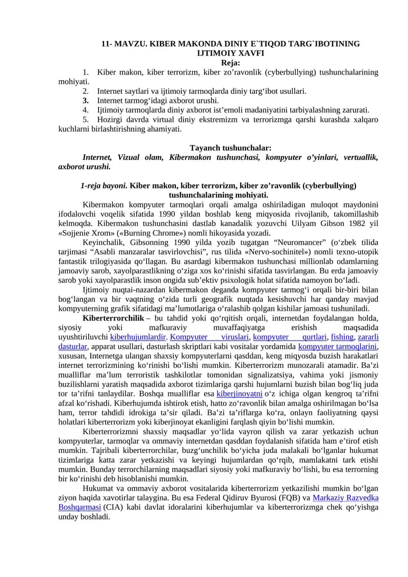 Kiber Makonda Diniy E`tiqod Targ`ibotining Ijtimoiy Xavfi