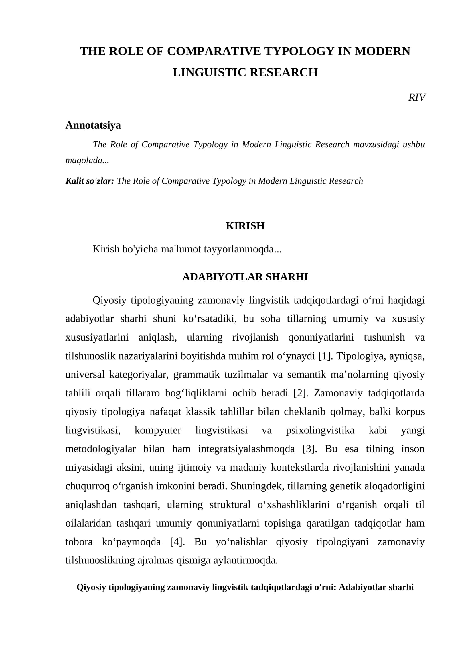 THE ROLE OF COMPARATIVE TYPOLOGY IN MODERN LINGUISTIC RESEARCH
