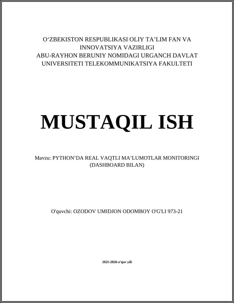 REAL VAQTLI MA’LUMOTLAR MONITORINGI (DASHBOARD BILAN)
