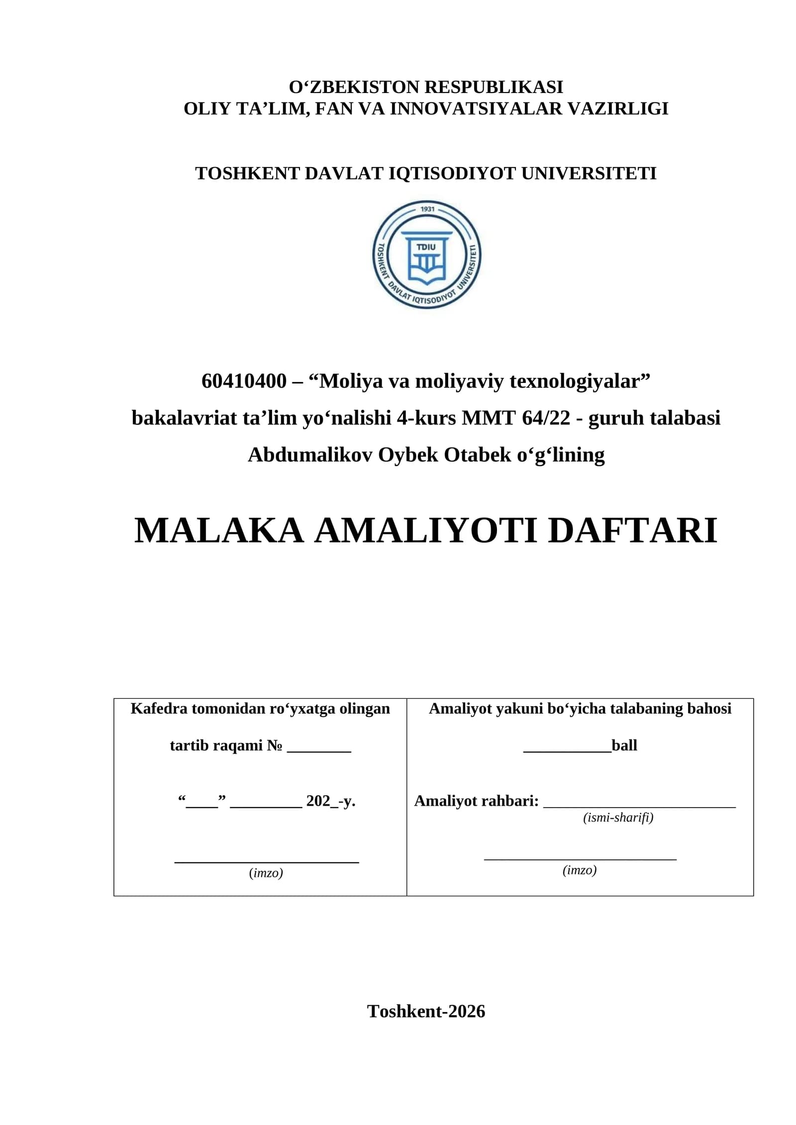 MALAKA AMALIYOTI DAFTARI