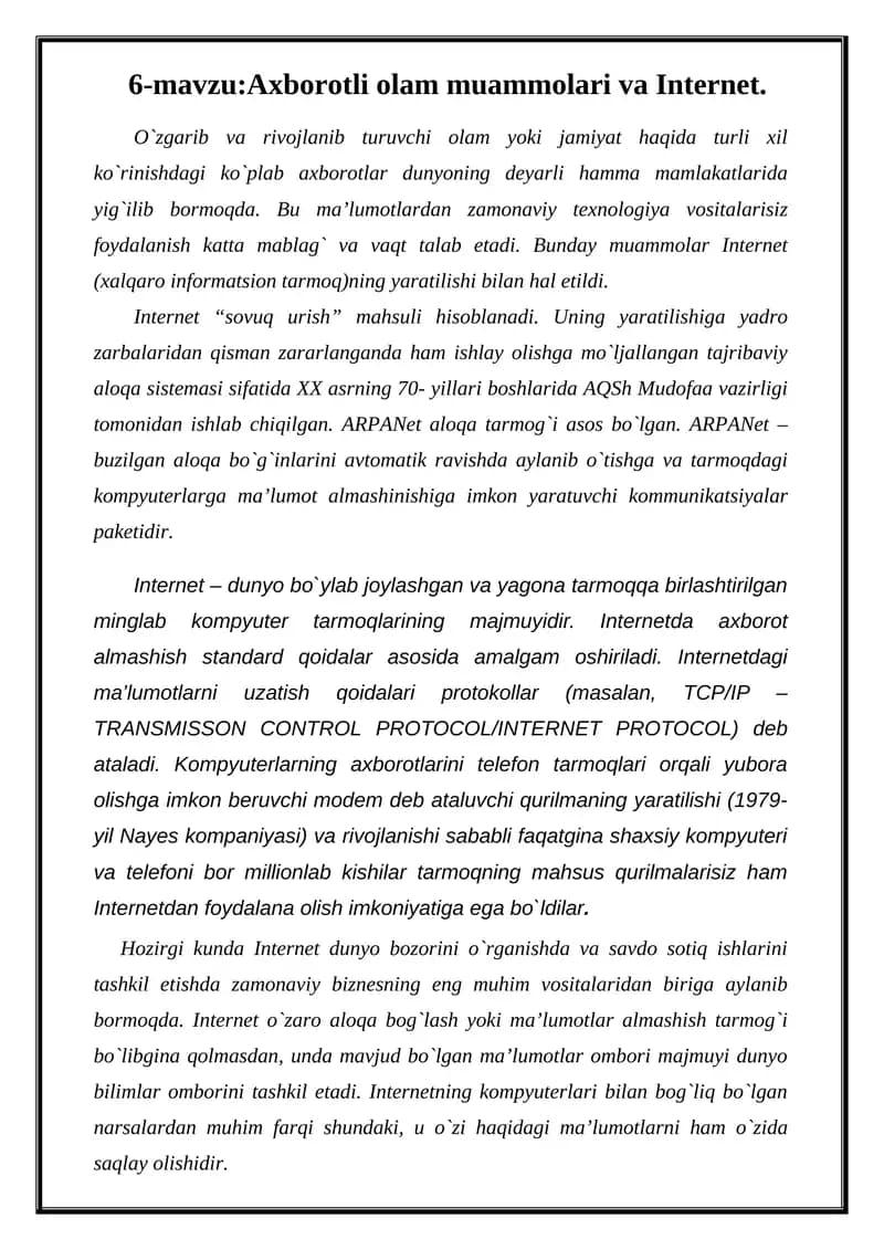 Axborotli olam muammolari va Internet