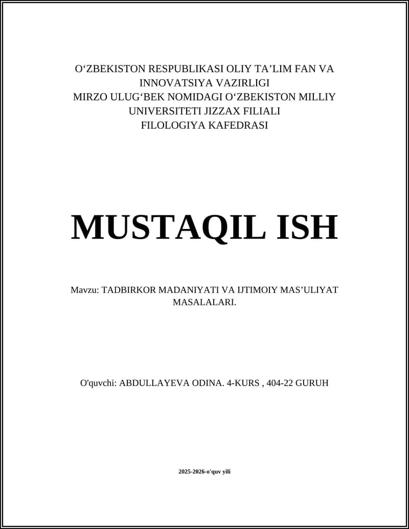 TADBIRKOR MADANIYATI VA IJTIMOIY MAS’ULIYAT MASALALARI
