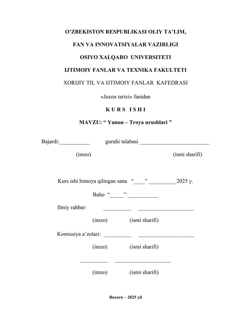 Yunon – Troya urushlari   KURS ISHI