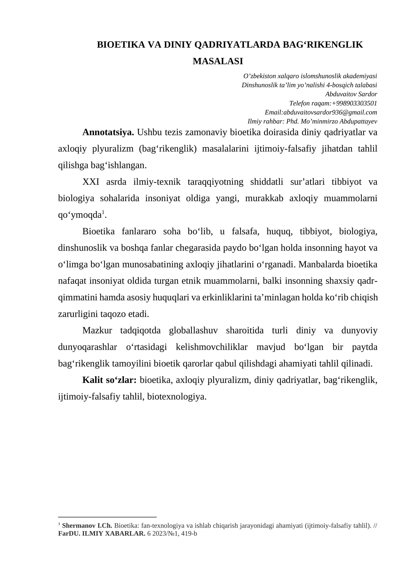 BIOETIKA VA DINIY QADRIYATLARDA BAG‘RIKENGLIK MASALASI