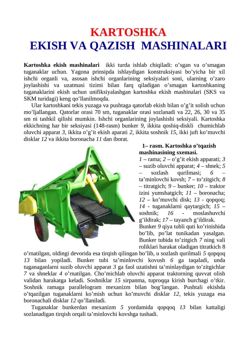 Kartoshka ekish mashinalari