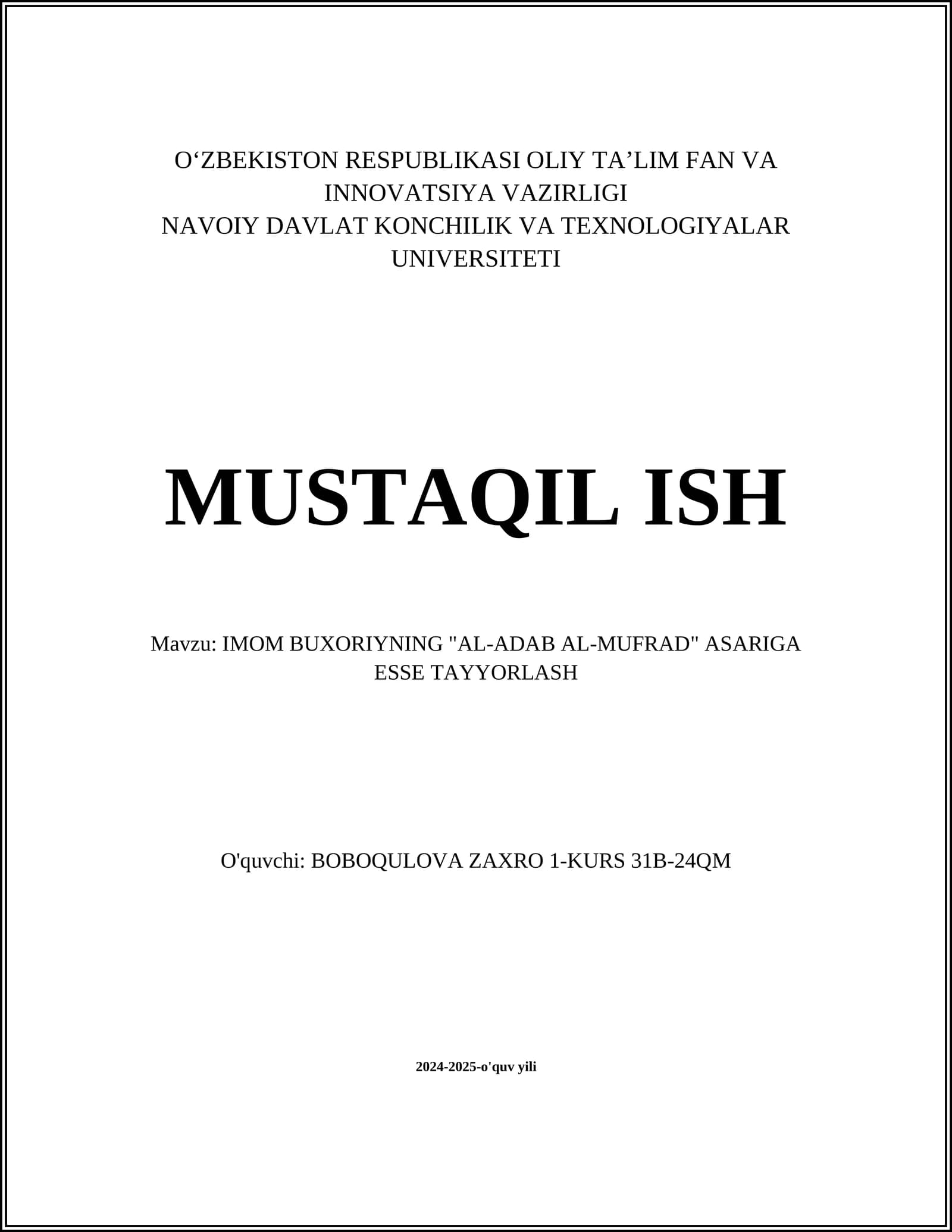 IMOM BUXORIYNING "AL-ADAB AL-MUFRAD" ASARIGA ESSE TAYYORLASH