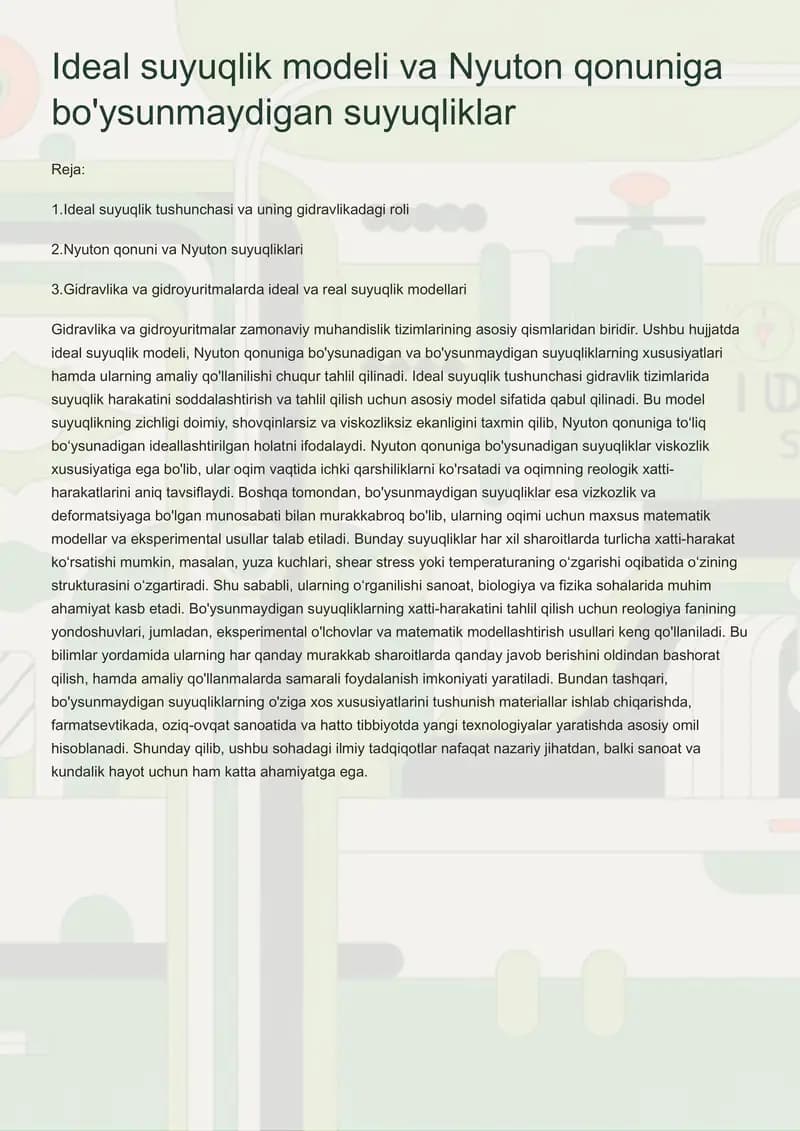 Ideal suyuqlik modeli va Nyuton qonuniga bo'ysunmaydigan suyuqliklar