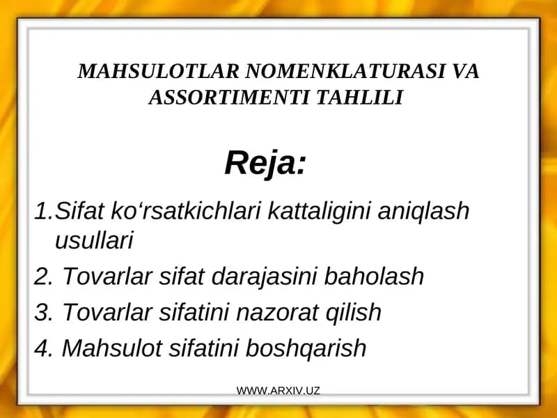 MAHSULOTLAR NOMENKLATURASI VA ASSORTIMENTI TAHLILI