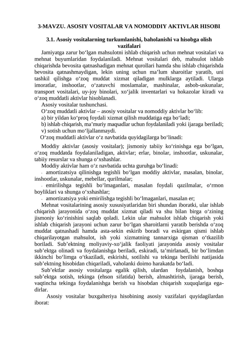 Asosiy vositalar va nomoddiy aktivlar