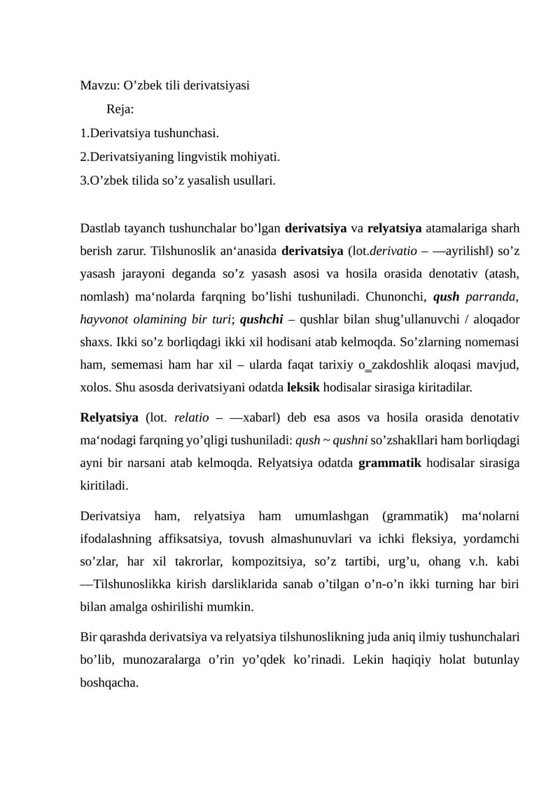 O’zbek tili derivatsiyasi