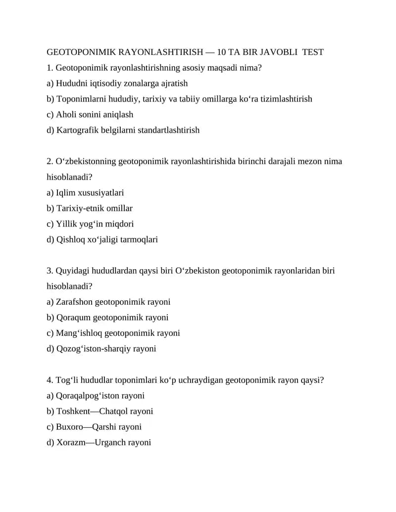 GEOTOPONIMIK RAYONLASHTIRISH — 10 TA BIR JAVOBLI TEST