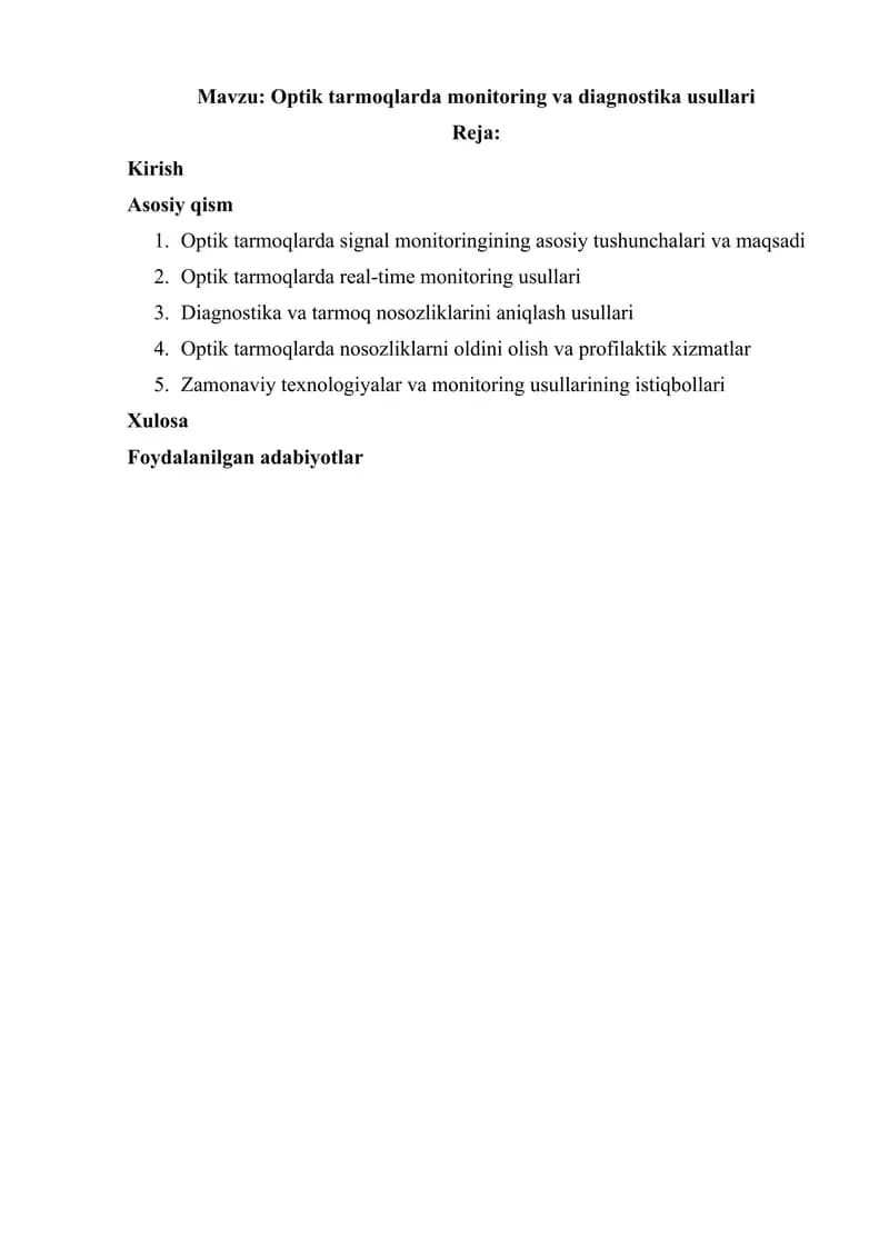 Optik tarmoqlarda monitoring va diagnostika usullari