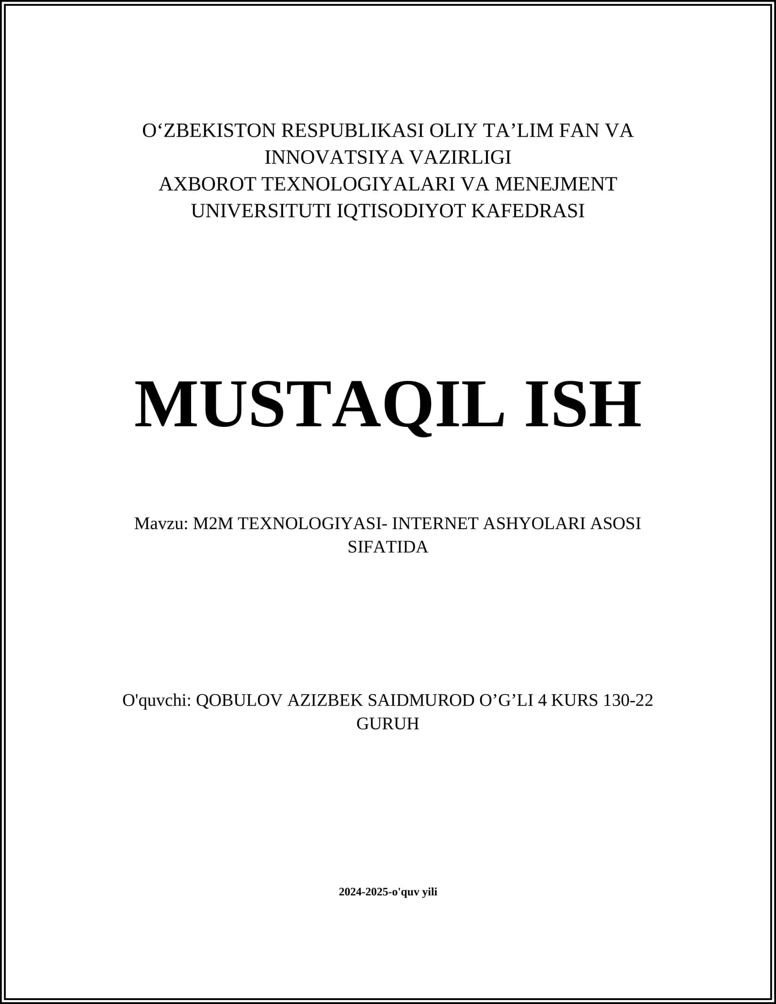 M2M TEXNOLOGIYASI- INTERNET ASHYOLARI ASOSI SIFATIDA