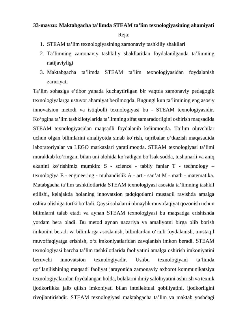 Maktabgacha ta’limda STEAM ta’lim texnologiyasining ahamiyati