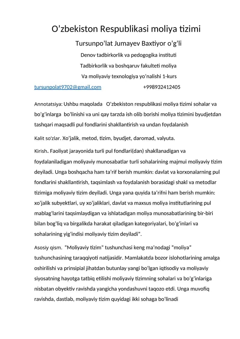 O’zbekiston Respublikasi moliya tizimi