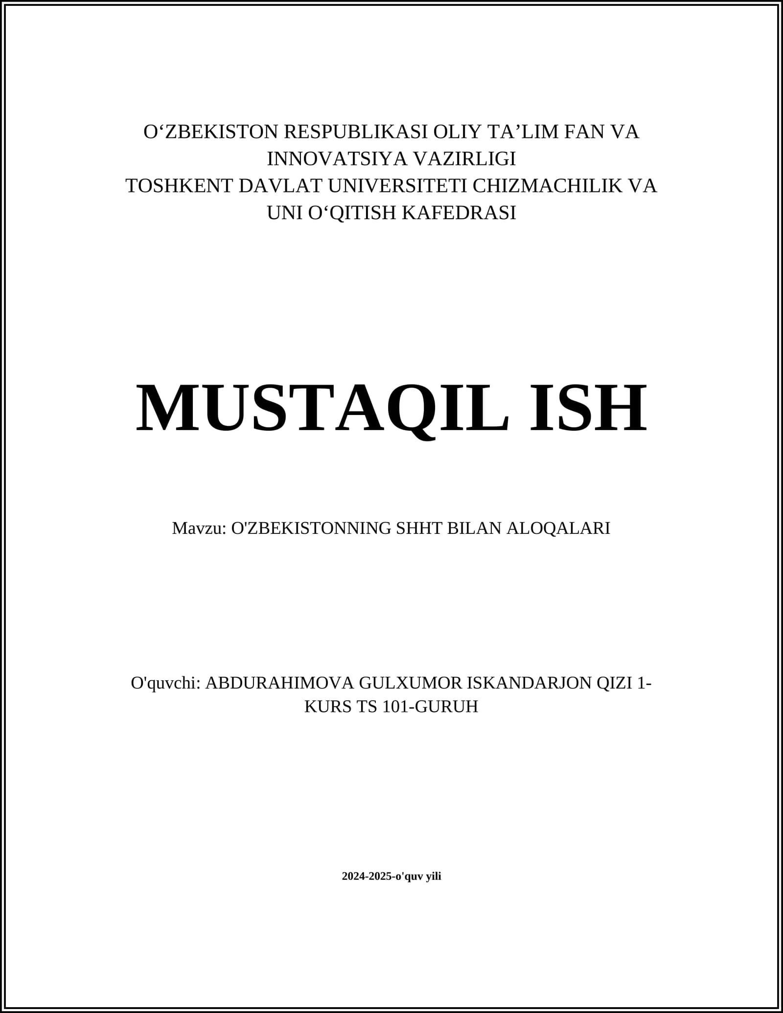O'ZBEKISTONNING SHHT BILAN ALOQALARI