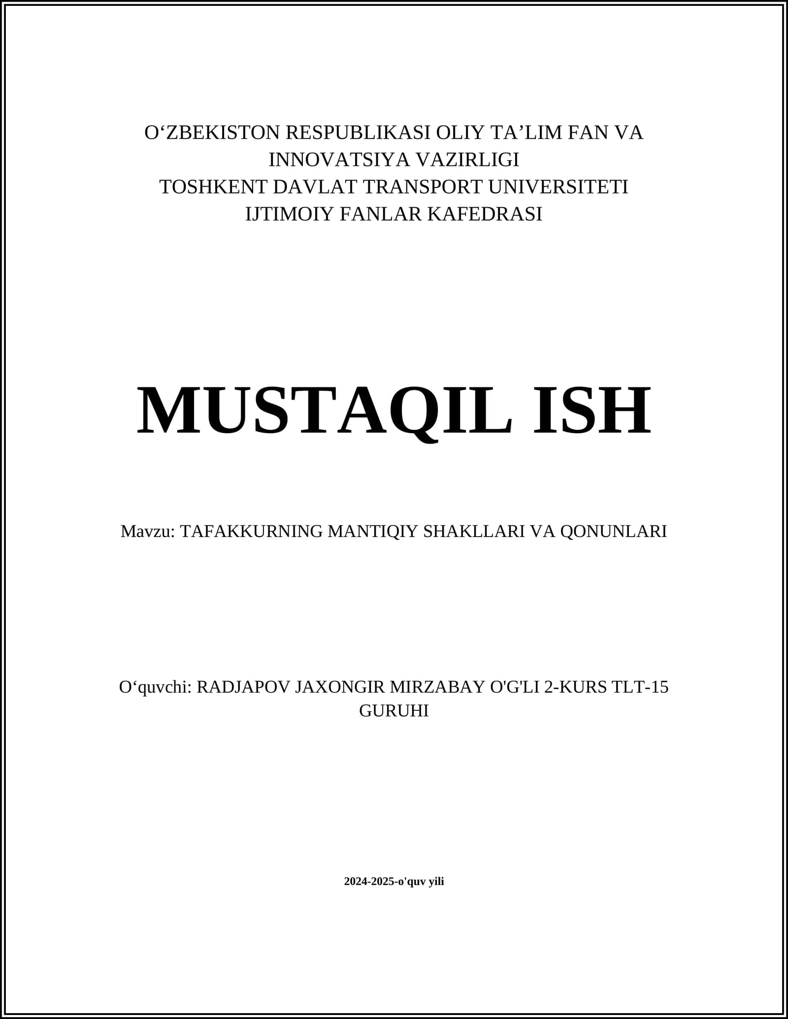 TAFAKKURNING MANTIQIY SHAKLLARI VA QONUNLARI
