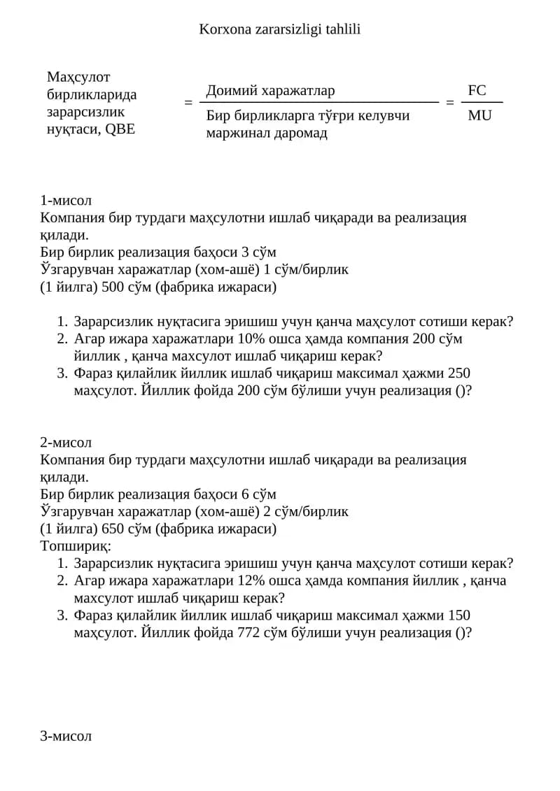 Korxona zararsizligi tahlili