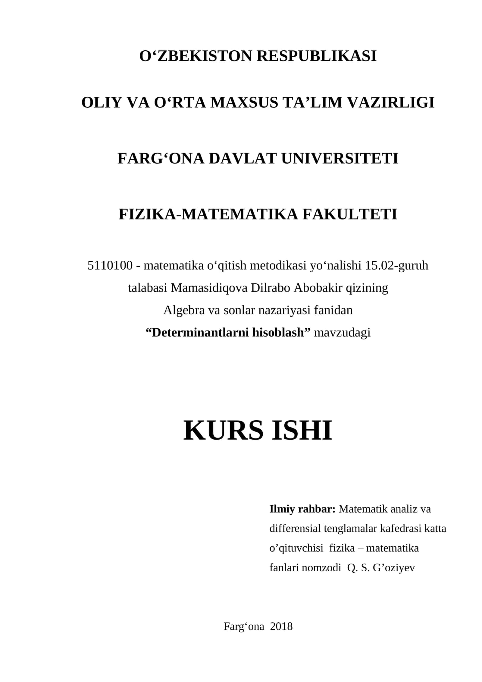 Determinantlarni hisoblash kurs ishi