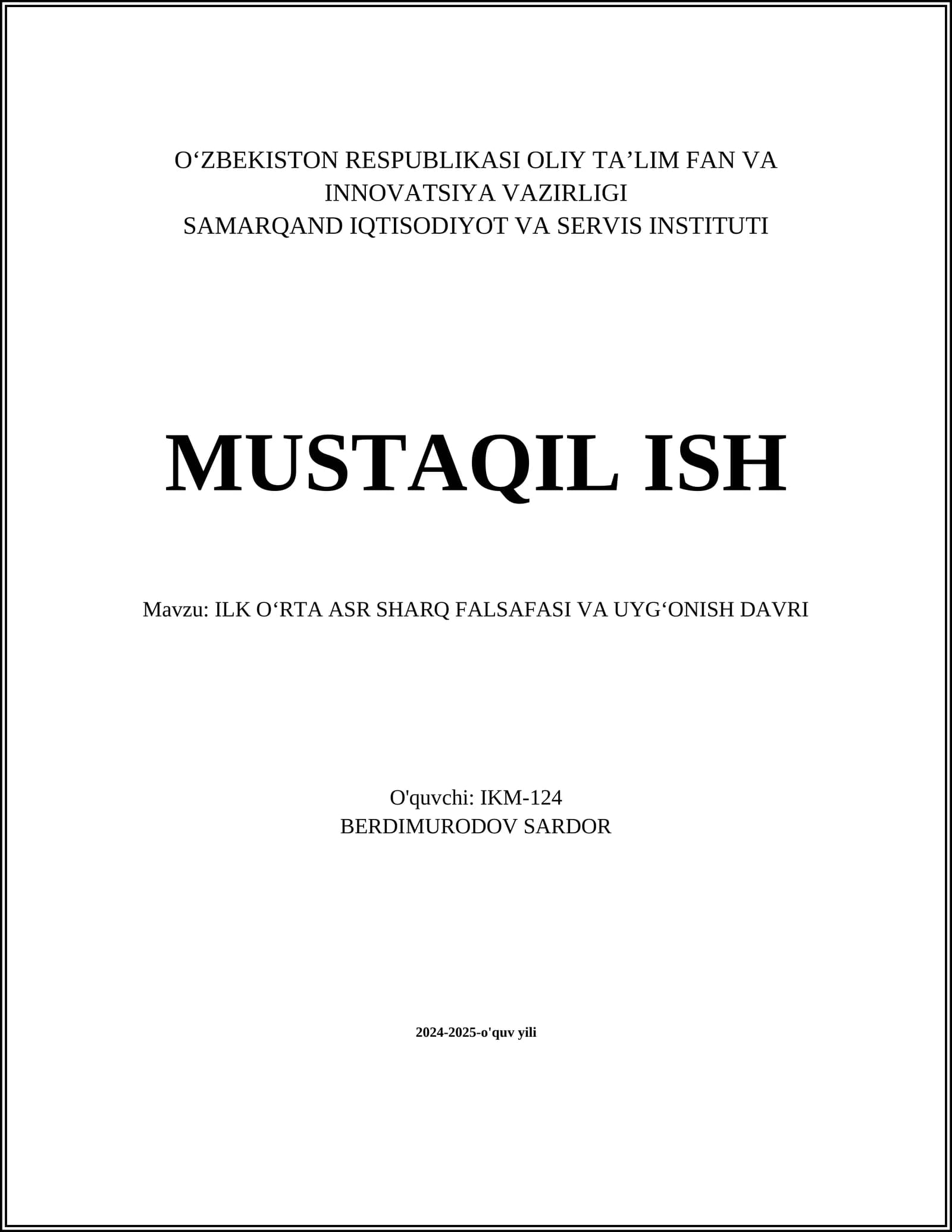 ILK OʻRTA ASR SHARQ FALSAFASI VA UYGʻONISH DAVRI
