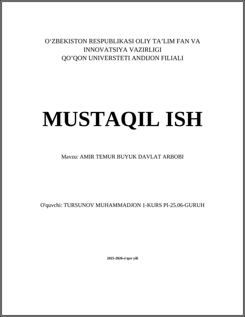 AMIR TEMUR BUYUK DAVLAT ARBOBI