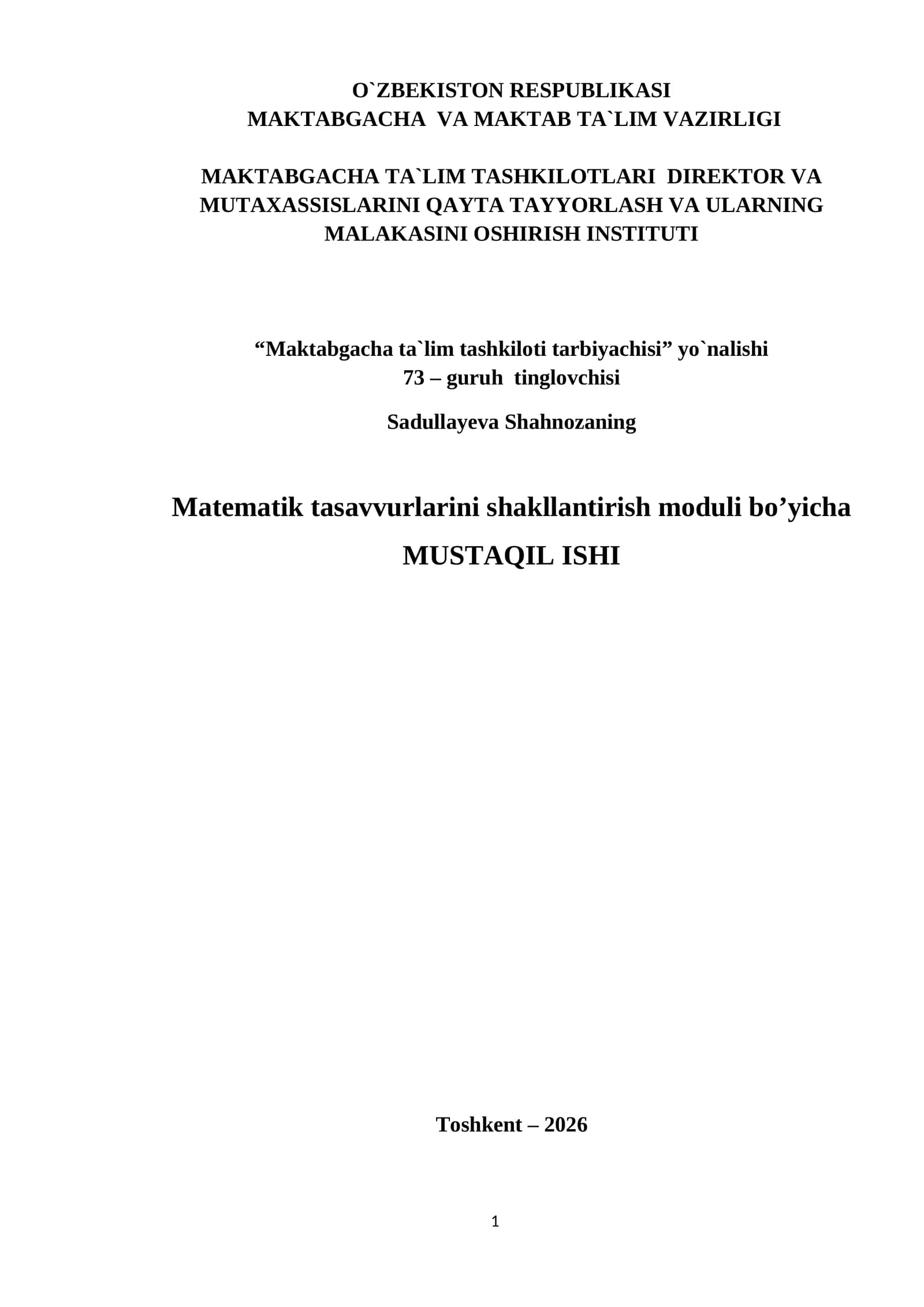 Matematik tasavvurlarini shakllantirish moduli bo’yicha
