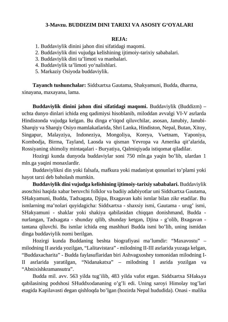 BUDDIZIM DINI TARIXI VA ASOSIY G‘OYALARI