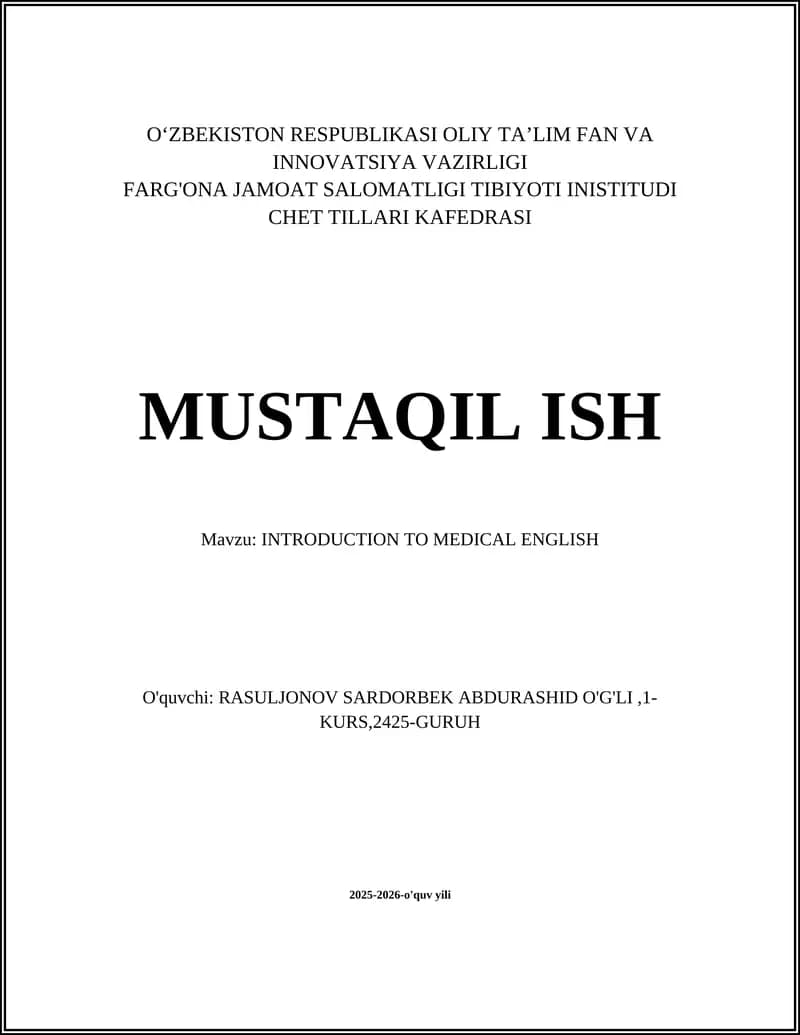 INTRODUCTION TO MEDICAL ENGLISH